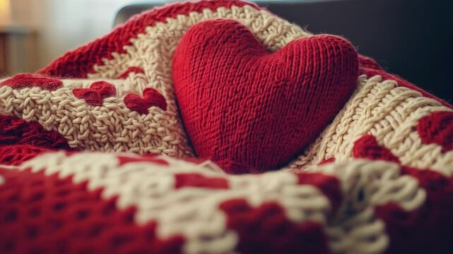 Cozy red knit heart on patterned blanket with warm lighting. The 14th of February. Happy Valentine's Day