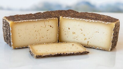 Creamy White Cheese with Black Peppercorns, Cut into Pieces on White Marble Surface