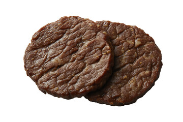 PNG cut out isolated background. Two deep-fried beef brisket slices with a rich brown caramelized surface and a slightly glossy texture.