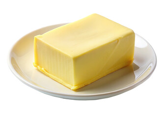 A Single Block of Yellow Butter on a Small White Plate Isolated on White Background