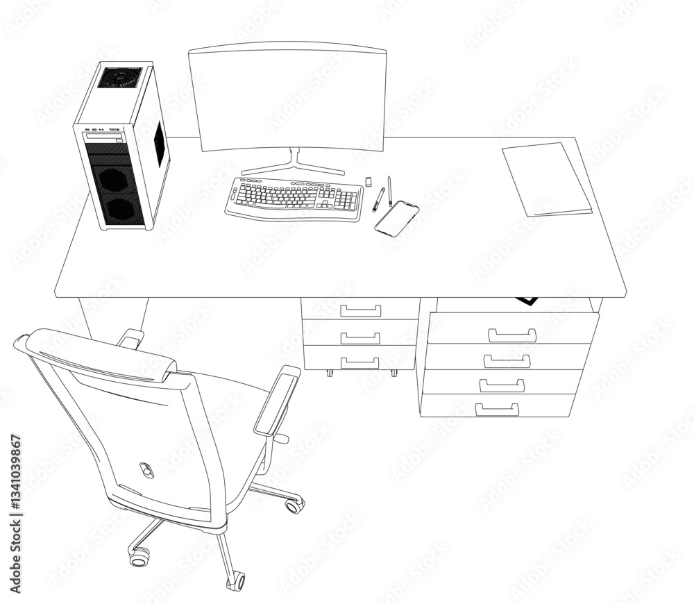 Poster a computer desk with a keyboard, mouse, and a monitor. a chair is placed in front of the desk