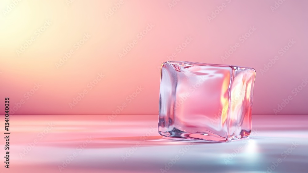 Aufkleber this captivating image features a stylized ice cube resting gently on a soft pink surface, reflectin