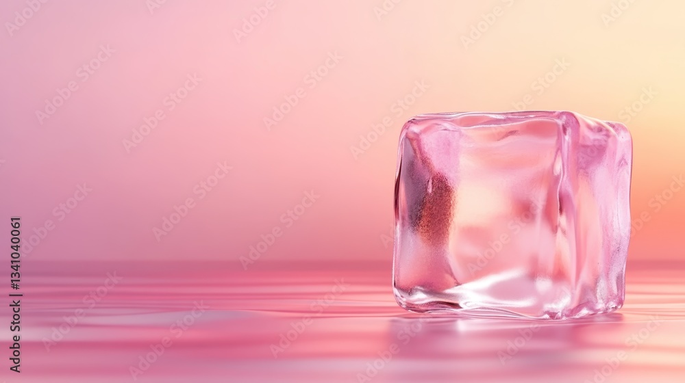 Poster a translucent pink ice cube resting on a serene surface, illuminated by soft pastel hues, creating a