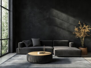 A dark room shows a modern living room with a large window