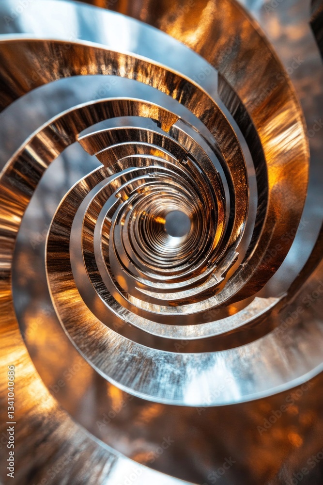 Poster an intricate perspective of metallic spirals in motion, highlighting their complex structure.