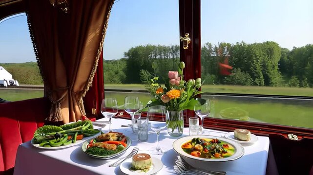 Elegant dining setup inside a luxury train with gourmet food and flowers by the window overlooking green countryside

