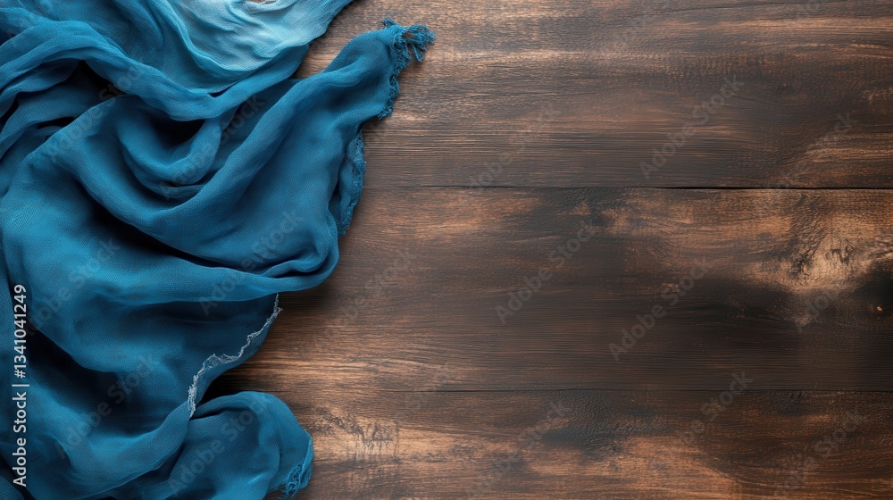 Poster this image features soft blue fabric elegantly draped over a wooden surface, creating a warm yet mod