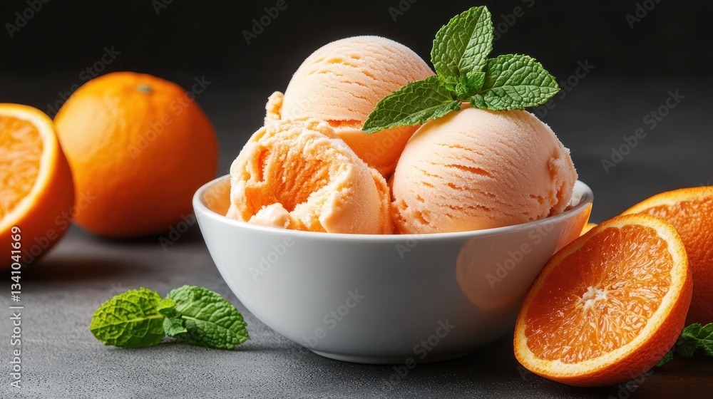 Poster three smooth scoops of orange ice cream adorned with fresh mint leaves and resting next to vibrant o