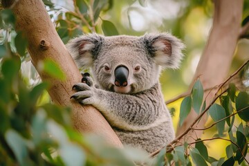 Obraz premium A koala lounging in the branches of an eucalyptus tree