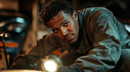 Fototapeta premium A busy automotive repair shop with a focused mechanic