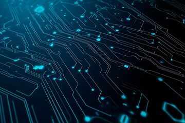 Abstract close-up of a glowing blue digital circuit board, showcasing intricate connections and technological design on a black background.
