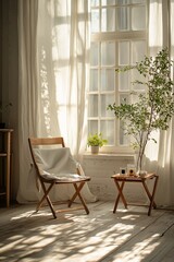 Bright sunlit room showcasing image creation services for photo shoots, featuring cozy atmosphere. Concept: serene space for image creation services for photo shoots, ideal for salon.