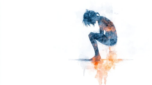 Young person struggling with depression in watercolor painting style