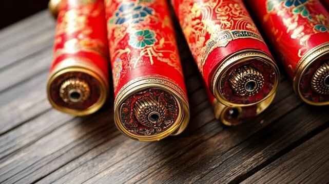 Traditional chinese scrolls with colorful intricate dragon and floral designs on wooden surface Happy Chinese New Year