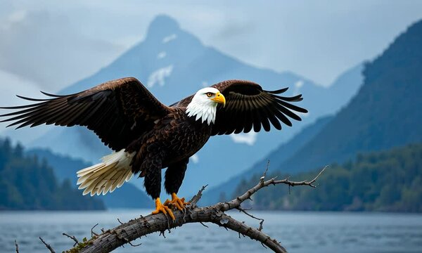 Majestic bald eagle with outstretched wings perched on a branch against a snowy mountain landscape, symbolizing freedom and strength