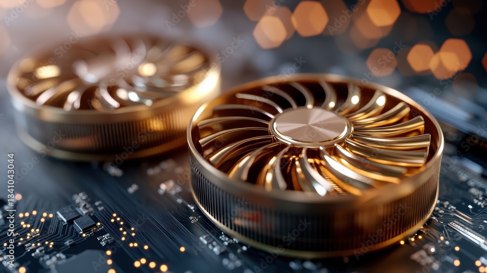 Poster a close-up image of a graphics card's gpu cooling system, highlighting the intricate details of its 