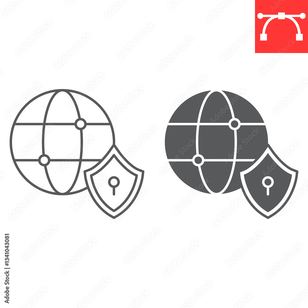Poster globe with padlock line and glyph icon, security and vpn, network security vector icon, vector graph