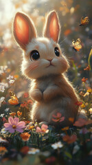 Cute Fluffy Bunny in a Colorful Flower Field - 알록달록 꽃밭 속 귀여운 복슬 토끼