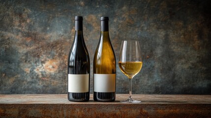 Elegant wine bottles and a glass, capturing the essence of fine dining and timeless luxury.