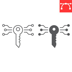Digital key line and glyph icon, security and protection, key vector icon, vector graphics, editable stroke outline sign, eps 10.