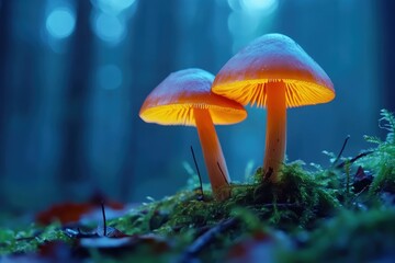 Illuminated mushrooms in a mystical forest
