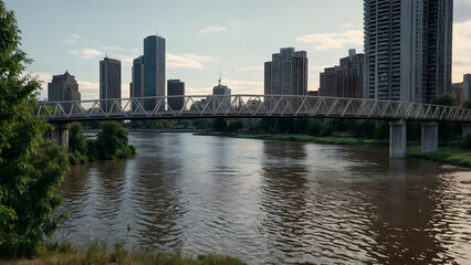 Obraz premium A magical view of a pedestrian bridge with a panoramic view of the city and the river