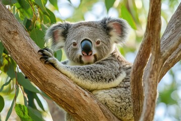 Fototapeta premium A koala lounging in the branches of an eucalyptus tree