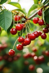 Bunches of juicy cherries hang elegantly from a vibrant leafy limb.