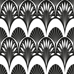 Art Deco style seamless pattern. Geometric decorative texture. Floral vector illustration, black ang white.