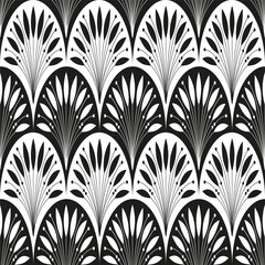 Art Deco golden seamless pattern. Geometric decorative texture with leaves. Floral vector illustration, black and white.
