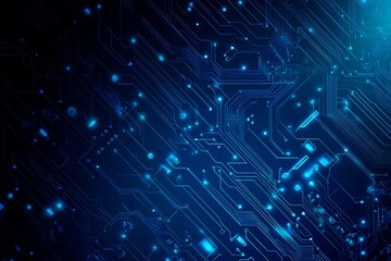 Abstract close-up of a glowing blue digital circuit board, showcasing intricate connections and technological design on a black background.
