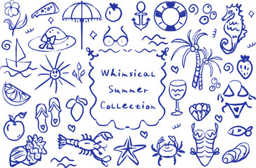 Whimsical Summer Vacation Collection hand drawn doodle style. Retro coastal print. Sea shell in blue on white. Sea life background, Marine set with sea shells. Vector illustration