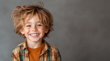 This adorable boy with a bright smile and messy hair captures childhood joy while wearing an earthy-toned plaid shirt and posing cheerfully against a neutral background.