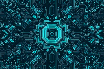 Abstract close-up of a glowing blue digital circuit board, showcasing intricate connections and technological design on a black background.
