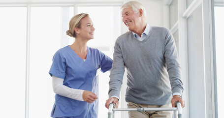 Fototapeta premium Happy nurse, senior and walker with support for healthcare, assistance or help at hospital. Elderly patient, caregiver or doctor with smile for assisted living or person with a disability at clinic