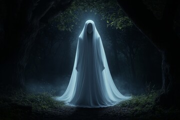 A ghostly woman in a white dress standing in a dimly lit forest, her face obscured by long, flowing hair