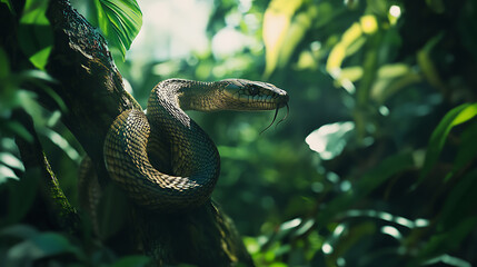 Naklejka premium Majestic King Cobra Coiling Around a Tree in a Dense Jungle
