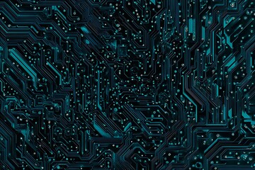 Abstract close-up of a glowing blue digital circuit board, showcasing intricate connections and technological design on a black background.

