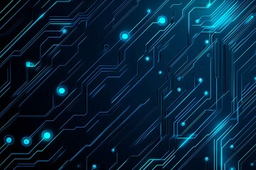 Abstract close-up of a glowing blue digital circuit board, showcasing intricate connections and technological design on a black background.
