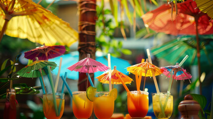 Fototapeta premium Aesthetic Paper Umbrellas in Fruity Beverages on a Wooden Table