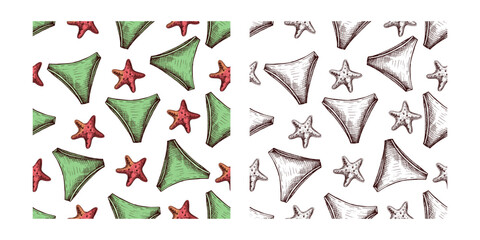 hand drawn colored and monochrome seamless pattern with bikini bottoms and starfish in vintage style