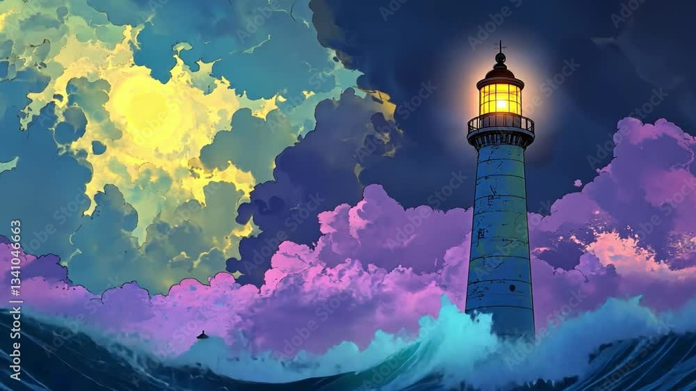 Poster majestic lighthouse illuminating turbulent seas under a full moon with colorful clouds and waves cre