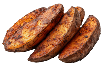 PNG cut out isolated background. A stack of golden-brown, deep-fried potato wedges with a crispy, seasoned outer layer and a soft, fluffy interior. 