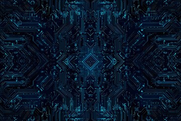 Abstract close-up of a glowing blue digital circuit board, showcasing intricate connections and technological design on a black background.
