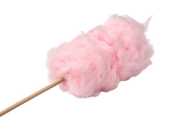 A fluffy pink cotton candy on a stick isolated on transparent background