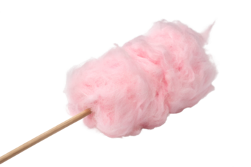 A fluffy pink cotton candy on a stick isolated on transparent background
