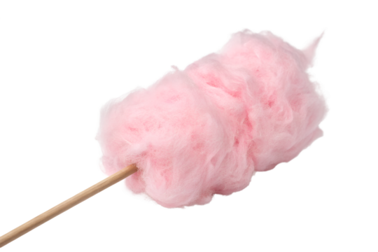A fluffy pink cotton candy on a stick isolated on transparent background