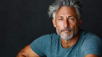 Obraz premium A captivating portrait of a mature man with striking gray hair and thoughtful expressions, showcasing the depth of human experience and emotion through his warm gaze.