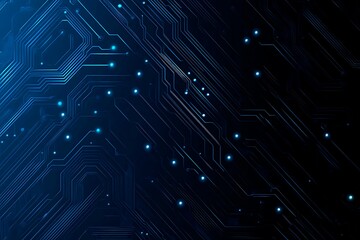 Abstract close-up of a glowing blue digital circuit board, showcasing intricate connections and technological design on a black background.
