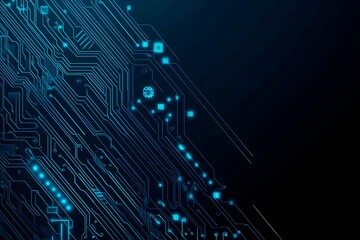Abstract close-up of a glowing blue digital circuit board, showcasing intricate connections and technological design on a black background.

